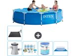 Piscina Intex Con Struttura Rotonda - 305 X 76 Cm - Blu - Pacchetto Manutenzione Pompa Incluso - Filtro - Copertura Del Terreno - Tappeto Solare