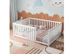 Letto Per Bambini Merax 140X200Cm Letto Da Terra Letto In Legno Con Protezione Anticaduta E Porta, Letto Per Bambini In Legno Massiccio Letto Da Gioco Letto Matrimoniale Per Bambini, Bianco