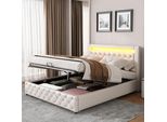 Letto Imbottito Flieks Con Contenitore E Rete A Doghe, Letto A Molle 160X200Cm Matrimoniale Con Led, Letto Contenitore Funzionale, Bianco