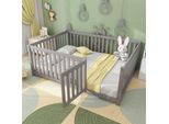 Merax Letto Per Bambini 140X200Cm Letto Da Terra Letto In Legno Con Protezione Anticaduta E Porta, Letto Per Bambini In Legno Massiccio Letto Da Gioco Letto Matrimoniale Per Bambini, Grigio