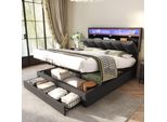 Letto Imbottito Idraulico Flieks 140X200Cm Con 2 Cassetti, Letto Contenitore Letto Matrimoniale Con Led, Letto In Legno Letto Giovanile Con Testata Contenitore, Lino, Grigio