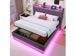 Letto Imbottito Flieks 160X200Cm Con Usb, Letto Contenitore Letto Matrimoniale Con Rete A Doghe E Led, Letto A Molle Idrauliche Letto Per Ragazzi, Biancheria, Grigio