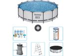 Piscina Bestway Round Steel Pro Max - 427 X 107 Cm - Grigio - Inclusa Pompa - Scala - Copertura Pacchetto Manutenzione - Filtro