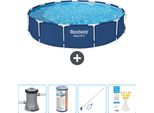 Piscina Bestway Round Steel Pro - 396 X 84 Cm - Blu - Compresa Pompa - Filtro - Kit Di Pulizia - Strisce Reattive