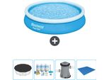 Piscina Gonfiabile Rotonda Bestway A Presa Rapida - 366 X 76 Cm - Blu - Include Copertura - Pacchetto Manutenzione - Pompa - Telo Di Fondo