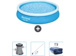 Bestway Piscina Gonfiabile Rotonda Fast Set - 366 X 76 Cm - Blu - Include Pompa - Kit Di Pulizia - Vela Parasole