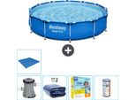 Piscina Bestway Round Steel Pro - 366 X 76 Cm - Blu - Pompa Inclusa - Tenda Da Sole - Pacchetto Manutenzione - Filtro - Telo Di Fondo
