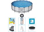 Piscina Bestway Round Steel Pro Max - 488 X 122 Cm - Grigio - Inclusa Pompa - Scala - Pacchetto Manutenzione Copertura - Filtro - Piastrelle Per Il Pavimento
