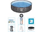 Piscina Bestway Round Steel Pro Max - Stampa Legno - 427 X 107 Cm - Inclusa Pompa - Scala - Pacchetto Manutenzione Copertura - Filtro - Piastrelle Pavimento