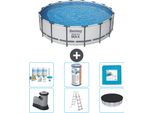 Piscina Bestway Round Steel Pro Max - 488 X 122 Cm - Grigio - Inclusa Pompa - Scala - Pacchetto Manutenzione Copertura - Filtro - Piastrelle Per Il Pavimento