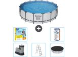 Piscina Bestway Round Steel Pro Max - 488 X 122 Cm - Grigio - Inclusa Pompa - Scaletta - Copertura Pacchetto Manutenzione - Filtro