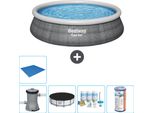 Piscina Gonfiabile Rotonda Bestway A Presa Rapida - Stampa Rattan - 457 X 84 Cm - Inclusa Copertura Della Pompa - Pacchetto Manutenzione - Filtro - Copertura Del Terreno