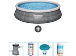 Bestway Set Gonfiabile Rotondo Veloce Piscina - Stampa Rattan - 457 X 84 Cm - Incluso Pompa Filtro - Galleggiante Cloro - Cloro