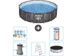Piscina Bestway Round Steel Pro Max - Stampa Legno - 427 X 107 Cm - Inclusa Pompa - Scala - Copertura Pacchetto Manutenzione - Filtro