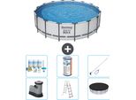 Piscina Bestway Round Steel Pro Max - 488 X 122 Cm - Grigio - Inclusa Pompa - Scala - Copertura Pacchetto Manutenzione - Filtro - Kit Pulizia