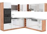 Vicco Cucina Angolare Completa R-Line, 237 X 247 Cm , Pt Marmo, Bianco Lucido/Oro Power Oak