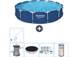 Piscina Bestway Round Steel Pro - 396 X 84 Cm - Blu - Inclusa Copertura Della Pompa - Pacchetto Di Manutenzione - Filtro - Kit Di Pulizia