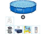 Piscina Bestway Round Steel Pro - 366 X 76 Cm - Blu - Pompa Inclusa - Tenda Da Sole - Pacchetto Manutenzione - Filtro - Scaletta