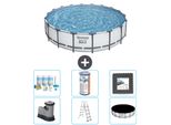 Piscina Bestway Round Steel Pro Max - 549 X 122 Cm - Grigio - Inclusa Pompa - Scala - Pacchetto Manutenzione Copertura - Filtro - Piastrelle Per Il Pavimento
