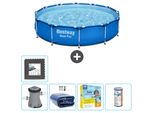 Piscina Bestway Round Steel Pro - 366 X 76 Cm - Blu - Pompa Inclusa - Tenda Da Sole - Pacchetto Manutenzione - Filtro - Pavimento In Piastrelle