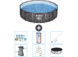 Piscina Bestway Round Steel Pro Max - Stampa Legno - 427 X 107 Cm - Inclusa Pompa - Scala - Copertura Pacchetto Manutenzione - Filtro - Kit Pulizia