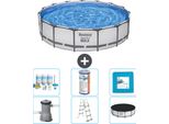Piscina Bestway Round Steel Pro Max - 457 X 107 Cm - Grigio - Inclusa Pompa - Scala - Pacchetto Manutenzione Copertura - Filtro - Piastrelle Per Il Pavimento