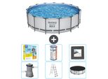 Piscina Bestway Round Steel Pro Max - 457 X 122 Cm - Grigio - Inclusa Pompa - Scala - Pacchetto Manutenzione Copertura - Filtro - Piastrelle Per Il Pavimento