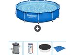 Piscina Bestway Round Steel Pro - 366 X 76 Cm - Blu - Compresa Pompa - Filtro - Copertura - Telo Di Fondo