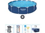 Piscina Bestway Round Steel Pro - 396 X 84 Cm - Blu - Inclusa Pompa - Filtro - Strisce Reattive - Tenda Da Sole