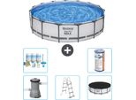 Piscina Bestway Round Steel Pro Max - 457 X 107 Cm - Grigio - Inclusa Pompa - Scala - Copertura Pacchetto Manutenzione - Filtro