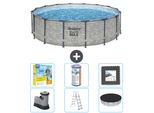 Piscina Bestway Round Steel Pro Max - Stampa Su Pietra - 488 X 122 Cm - Inclusa Pompa - Scala - Copertura Pacchetto Manutenzione - Filtro - Pavimento In Piastrelle