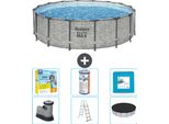 Piscina Bestway Round Steel Pro Max - Stampa Su Pietra - 488 X 122 Cm - Inclusa Pompa - Scala - Copertura Pacchetto Manutenzione - Filtro - Pavimento In Piastrelle