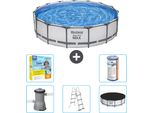 Piscina Bestway Round Steel Pro Max - 457 X 107 Cm - Grigio - Inclusa Pompa - Scala - Copertura Pacchetto Manutenzione - Filtro