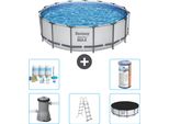 Piscina Bestway Round Steel Pro Max - 457 X 122 Cm - Grigio - Inclusa Pompa - Scala - Copertura Pacchetto Manutenzione - Filtro