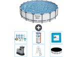 Piscina Bestway Round Steel Pro Max - 549 X 122 Cm - Grigio - Inclusa Pompa - Scala - Pacchetto Manutenzione Copertura - Filtro - Piastrelle Per Il Pavimento