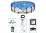 Piscina Bestway Round Steel Pro Max - 457 X 107 Cm - Grigio - Inclusa Pompa - Scala - Pacchetto Manutenzione Copertura - Filtro - Piastrelle Per Il Pavimento