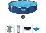 Piscina Bestway Round Steel Pro - 396 X 84 Cm - Blu - Compresa Pompa - Filtro - Copertura - Telo Di Fondo