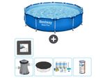 Piscina Bestway Round Steel Pro - 366 X 76 Cm - Blu - Inclusa Copertura Della Pompa - Pacchetto Manutenzione - Filtro - Piastrelle Per Il Pavimento