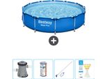 Piscina Bestway Round Steel Pro - 366 X 76 Cm - Blu - Compresa Pompa - Filtro - Kit Di Pulizia - Strisce Reattive