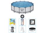 Piscina Bestway Round Steel Pro Max - 427 X 107 Cm - Grigio - Inclusa Pompa - Scala - Pacchetto Manutenzione Copertura - Filtro - Piastrelle Per Il Pavimento