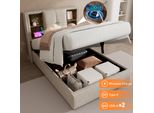Letto Singolo Sweiko Con Ricarica Wireless Usb C, Rete Imbottita 90X200Cm, Rete Con Contenitore A Doghe In Legno-Lino Naturale (Senza Materasso)