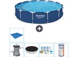 Piscina Bestway Round Steel Pro - 396 X 84 Cm - Blu - Inclusa Copertura Della Pompa - Pacchetto Manutenzione - Filtro - Copertura Del Suolo