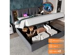 Letto Imbottito Flieks 160X200Cm Con Usb E Tipo C, Letto Contenitore A Molle Idrauliche Con Rete A Doghe, Letto Matrimoniale Letto Per Ragazzi Letto In Legno, Cotone, Grigio