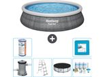 Piscina Gonfiabile Rotonda Bestway A Presa Rapida - Stampa Rattan - 457 X 107 Cm - Inclusa Pompa - Copertura A Scaletta - Pacchetto Manutenzione - Filtro - Piastrelle Per Pavimento