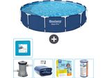 Piscina Bestway Round Steel Pro - 396 X 84 Cm - Blu - Pompa Inclusa - Tenda Da Sole - Pacchetto Manutenzione - Filtro - Pavimento In Piastrelle