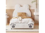 Letto Imbottito Flieks 90X200Cm Con Rete A Doghe, Letto Per Bambini, Letto Per Ragazzi Con Motivo A Orecchie D'orso, Letto Singolo In Legno, Letto Classico Per Bambini, Velluto, Bianco