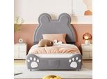 Letto Imbottito Flieks 90X200Cm Con Rete A Doghe, Letto Per Bambini, Letto Per Ragazzi Con Motivo Di Orecchie D'orso, Letto Singolo In Legno, Letto Classico Per Bambini, Velluto, Grigio