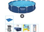Piscina Bestway Round Steel Pro - 396 X 84 Cm - Blu - Inclusa Pompa - Tenda - Pacchetto Manutenzione - Filtro - Telo Di Fondo