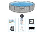 Piscina Bestway Round Steel Pro Max - Stampa Su Pietra - 549 X 122 - Inclusa Pompa - Scala - Pacchetto Di Manutenzione Della Copertura - Filtro - Pavimento In Piastrelle