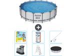 Piscina Bestway Round Steel Pro Max - 488 X 122 Cm - Grigio - Inclusa Pompa - Scala - Copertura Pacchetto Manutenzione - Filtro - Kit Pulizia